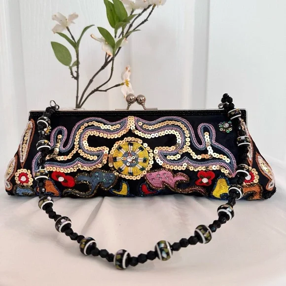 CHATEAU ~ Handmade Embroidered Sequined Black Satin Clutch with Beaded Strap - Picture 5 of 9